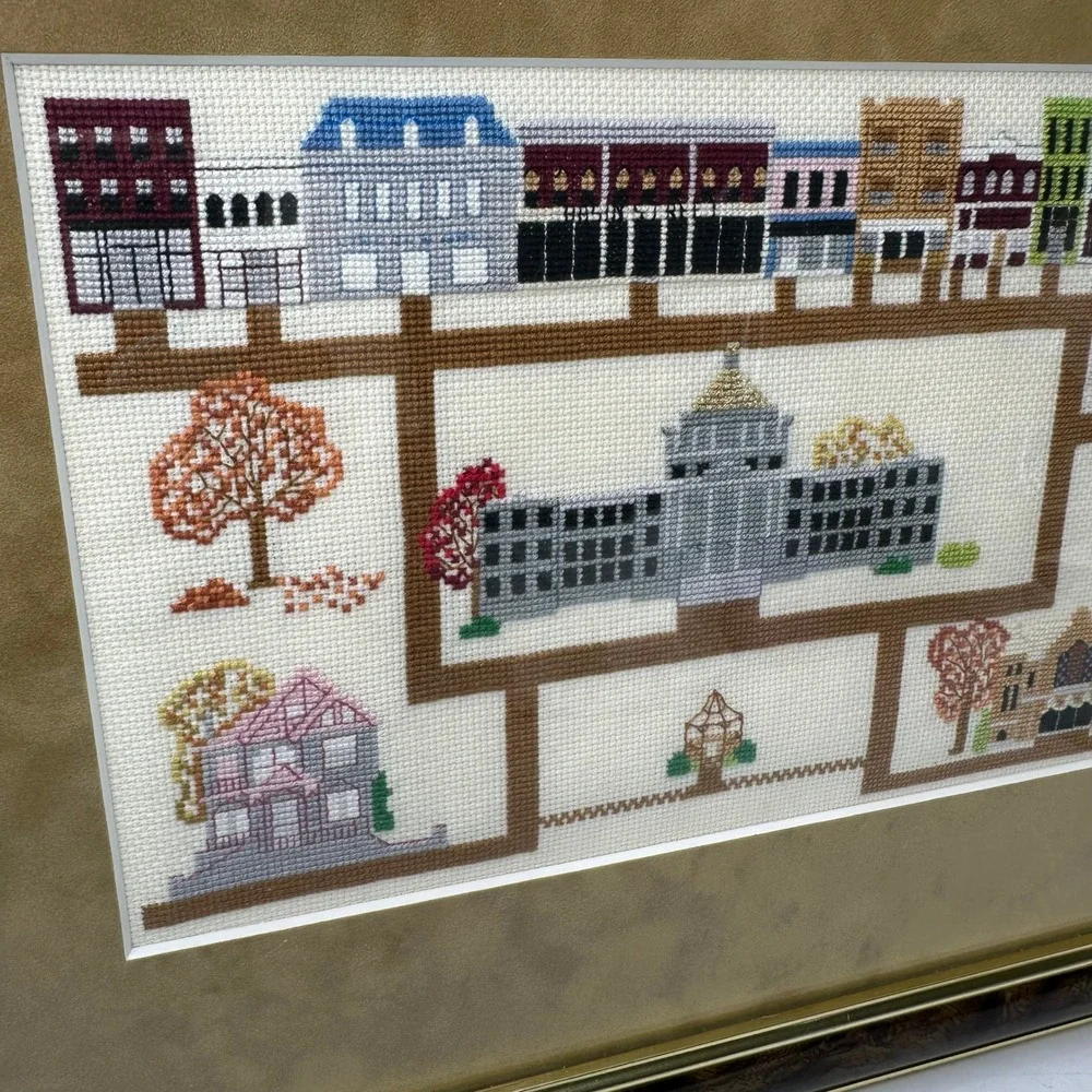 Vintage Framed Cross Stitch Sampler Town Map Americana Folk Art Burl Wood Frame